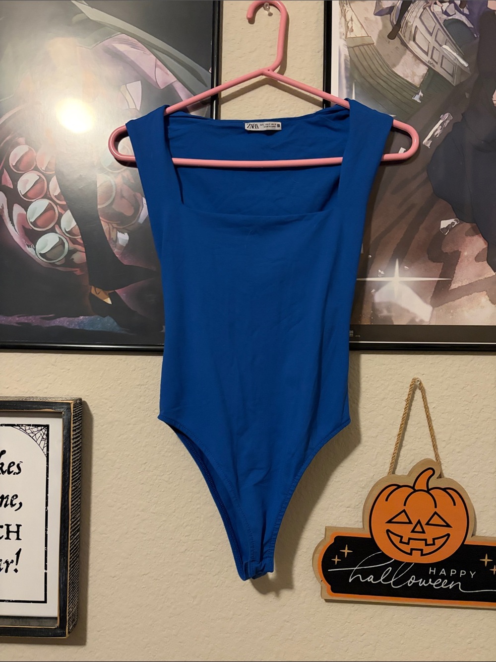 ZARA blue square neck bodysuit